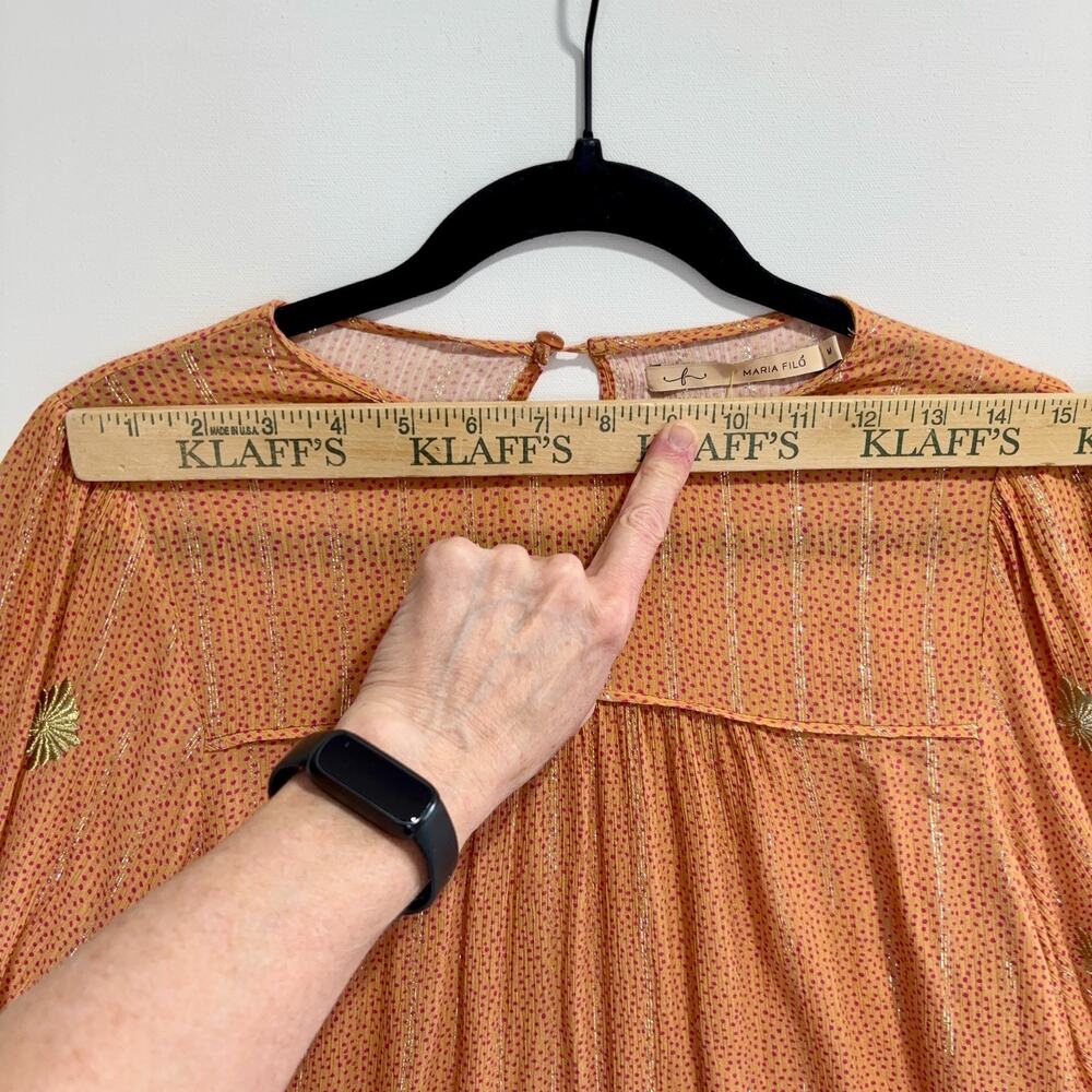 Maria Filo Brazil Peasant Blouse Metallic Thread Sheer Boho Gold Orange Womens M - Picture 9 of 9